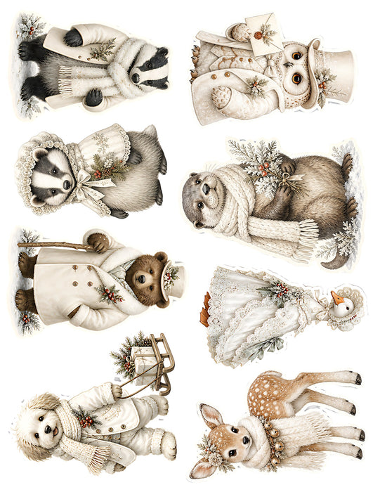 Winter White Woodland waterslide transfer sheet - Badgers Otter and Bear
