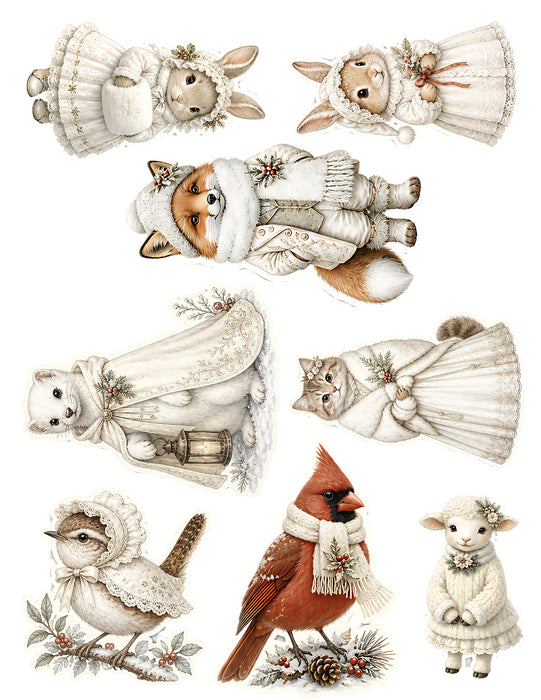 Winter White Woodland waterslide transfer sheet - Bunnies Wren and Cardinal