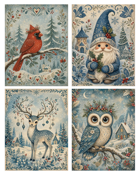 Whimsical Blue Folk Christmas rice paper