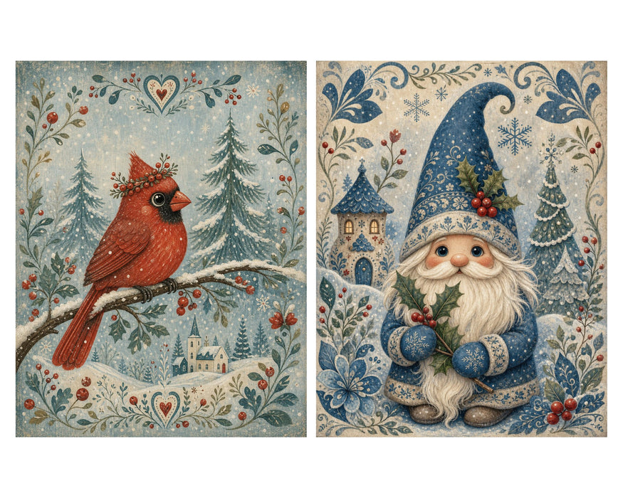 Whimsical Blue Folk Christmas rice paper