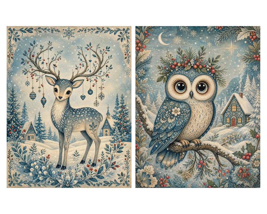 Whimsical Blue Folk Christmas rice paper
