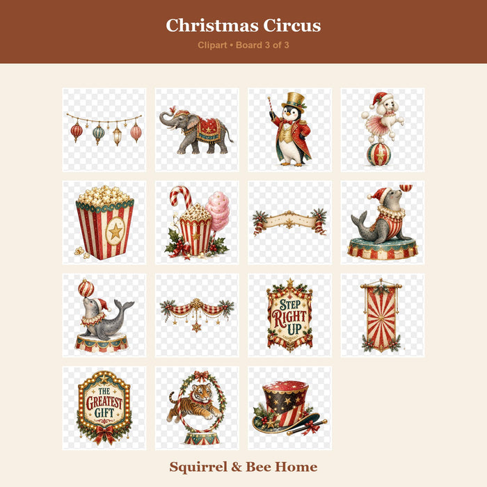 Vintage Christmas Circus Clipart Bundle, Animals, Big Top (Digital Download)
