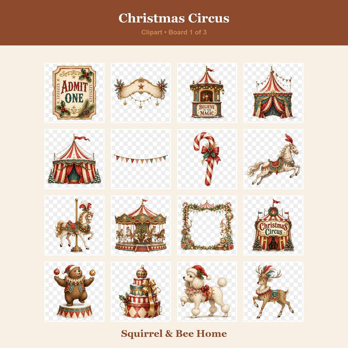 Vintage Christmas Circus Clipart Bundle, Animals, Big Top (Digital Download)