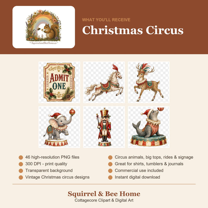 Vintage Christmas Circus Clipart Bundle, Animals, Big Top (Digital Download)