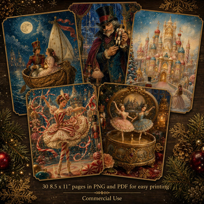 Nutcracker Suite Printable Pages, 30 Vintage Ballet Christmas Junk Journal Papers