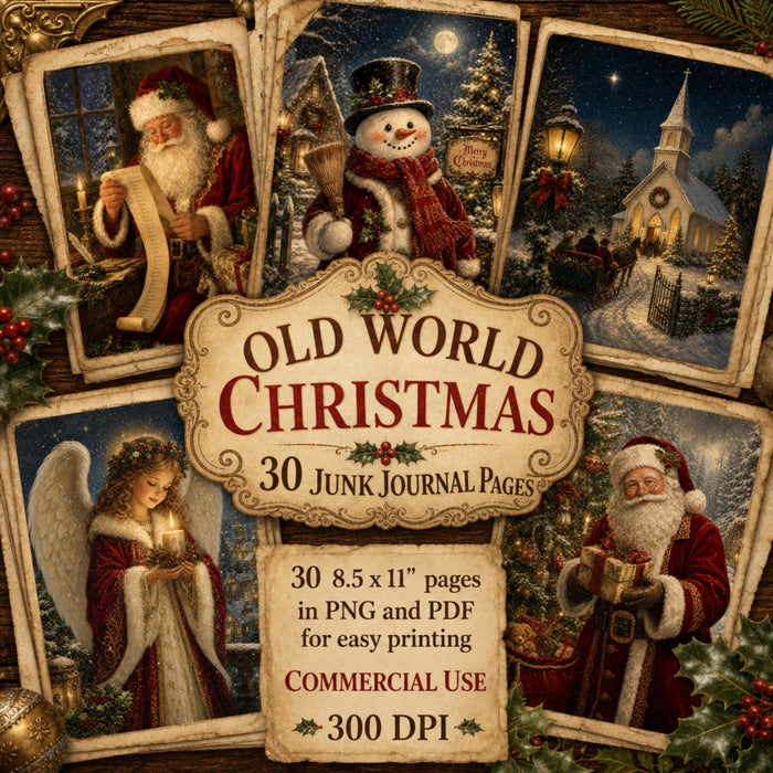 Old World Christmas Printable Pages, 30 Vintage Santa Junk Journal Papers, PNG PDF