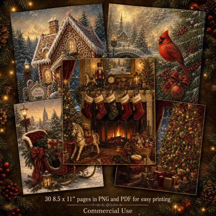 Old World Christmas Printable Pages, 30 Vintage Santa Junk Journal Papers, PNG PDF