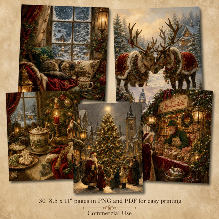 Old World Christmas Printable Pages, 30 Vintage Santa Junk Journal Papers, PNG PDF