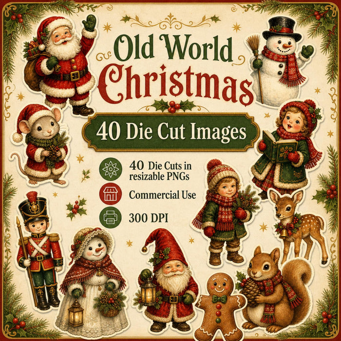 Old World Christmas Die Cut Clipart, 44 Vintage Santa Fussy Cut PNG Bundle