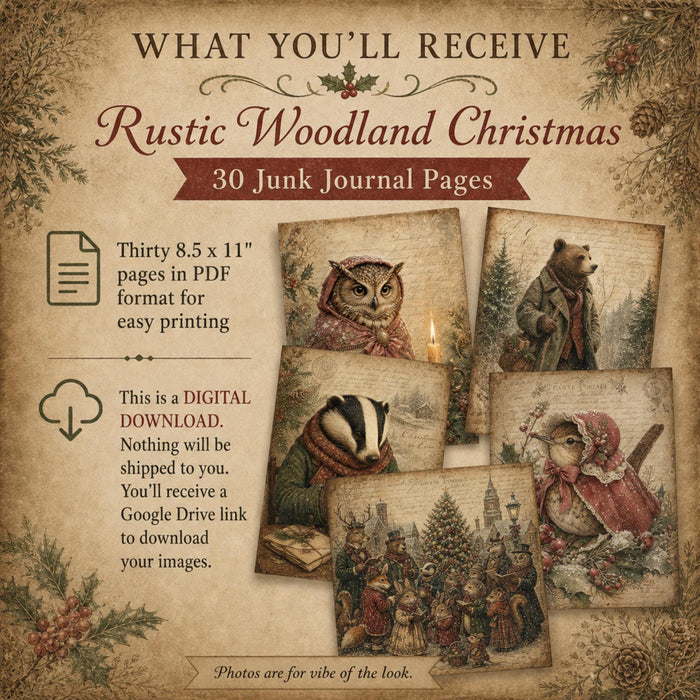 Rustic Woodland Christmas Printable Pages, 30 Vintage Animal Junk Journal Papers, PNG PDF