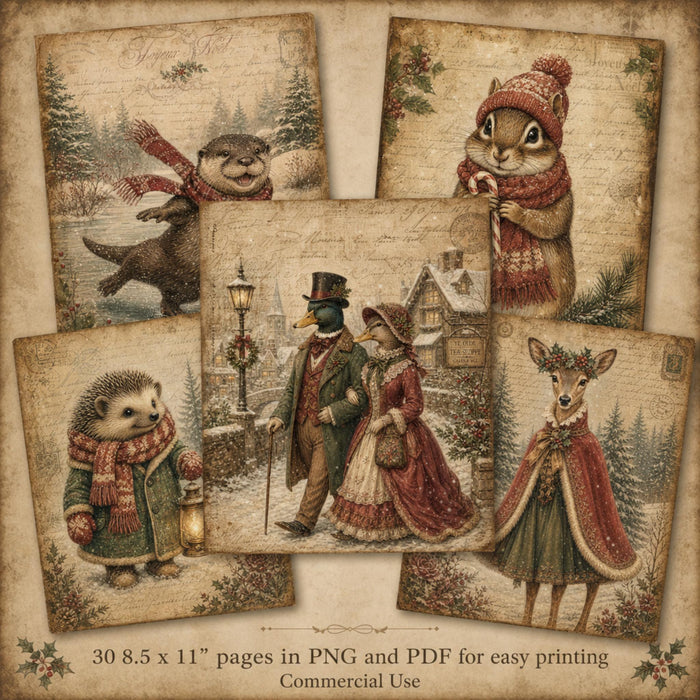 Rustic Woodland Christmas Printable Pages, 30 Vintage Animal Junk Journal Papers, PNG PDF