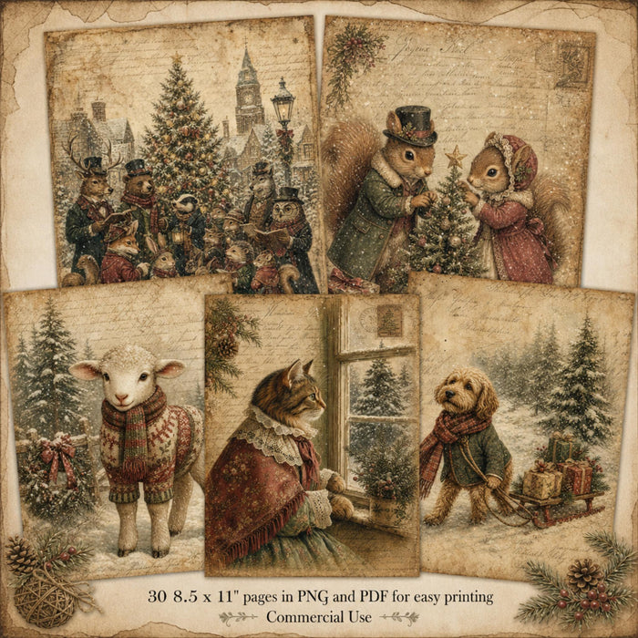 Rustic Woodland Christmas Printable Pages, 30 Vintage Animal Junk Journal Papers, PNG PDF