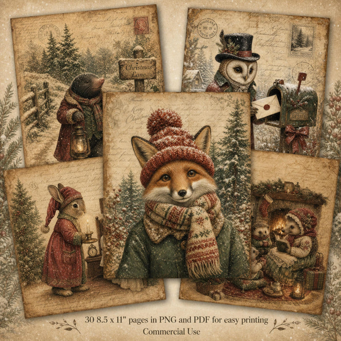 Rustic Woodland Christmas Printable Pages, 30 Vintage Animal Junk Journal Papers, PNG PDF