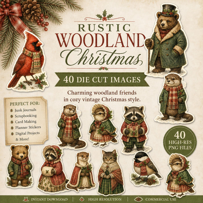Rustic Woodland Christmas Die Cut Clipart, 40 Vintage Animal PNG, Fussy Cut Junk Journal