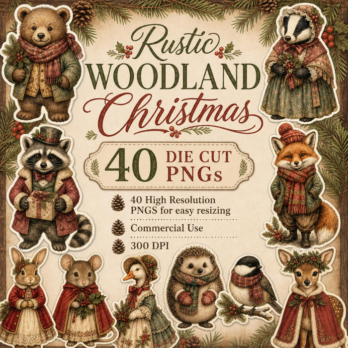 Rustic Woodland Christmas Die Cut Clipart, 40 Vintage Animal PNG, Fussy Cut Junk Journal