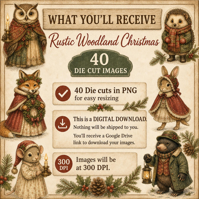 Rustic Woodland Christmas Die Cut Clipart, 40 Vintage Animal PNG, Fussy Cut Junk Journal