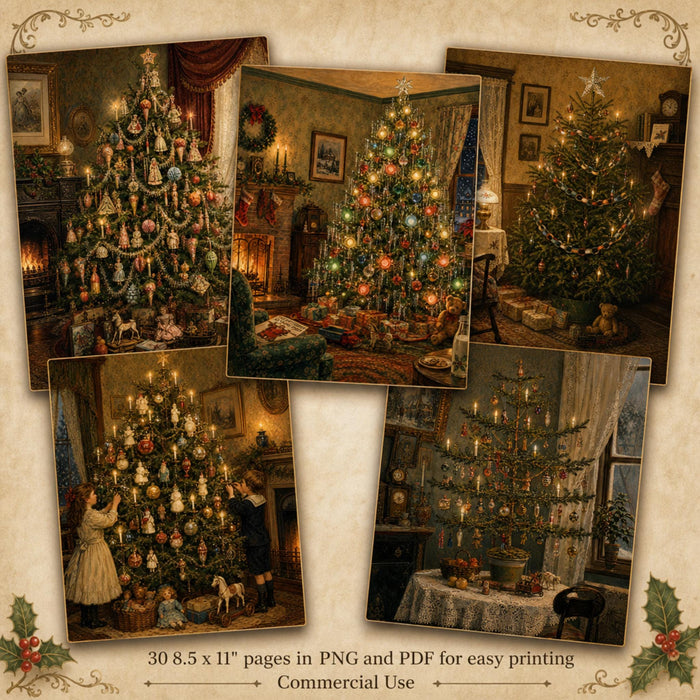 Christmas Trees Through the Years Printable Pages, 30 Vintage Junk Journal Papers, PNG PDF
