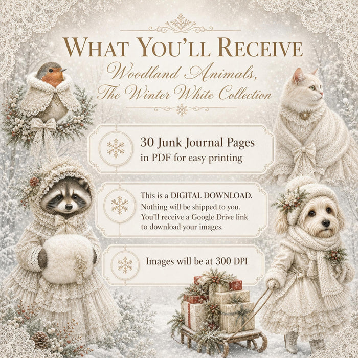 Winter White Woodland Christmas Printable Pages, 30 Vintage Animal Junk Journal Papers, PNG PDF