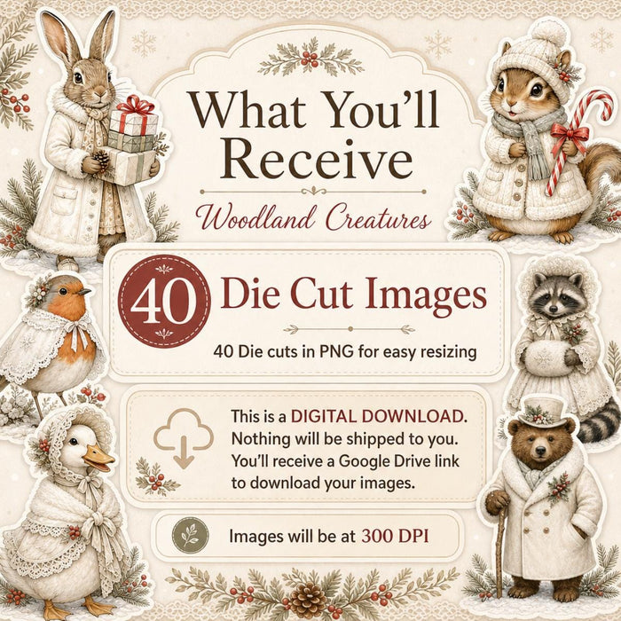 Winter White Woodland Die Cut Clipart, 40 Vintage Animal PNG, Fussy Cut Junk Journal