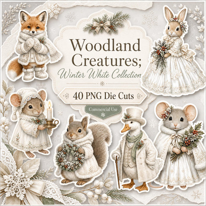 Winter White Woodland Die Cut Clipart, 40 Vintage Animal PNG, Fussy Cut Junk Journal