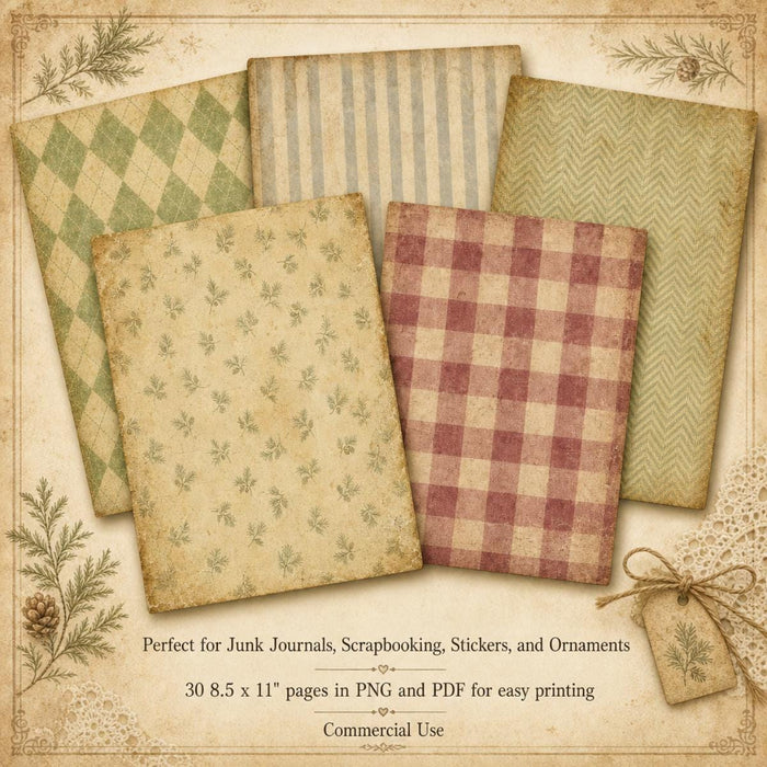 Vintage Winter Christmas Neutral Patterned Papers, 25 Junk Journal Digital Paper Pack PNG PDF