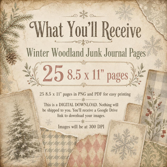 Vintage Winter Christmas Neutral Patterned Papers, 25 Junk Journal Digital Paper Pack PNG PDF