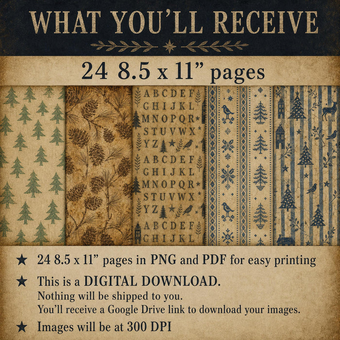 Primitive Folk Art Christmas Digital Paper, 24 Winter Junk Journal Pages, Americana Scrapbook