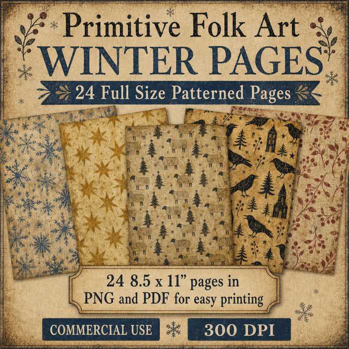 Primitive Folk Art Christmas Digital Paper, 24 Winter Junk Journal Pages, Americana Scrapbook