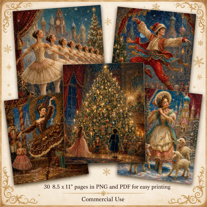 Nutcracker Suite Printable Pages, 30 Vintage Ballet Christmas Junk Journal Papers