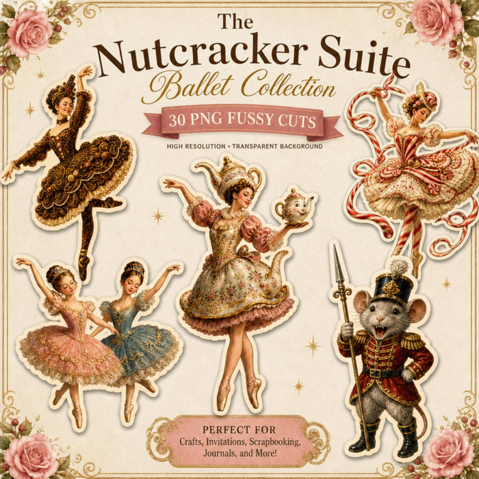 Nutcracker Die Cut Clipart, 31 Vintage Christmas Ballet PNG, Fussy Cut Junk Journal