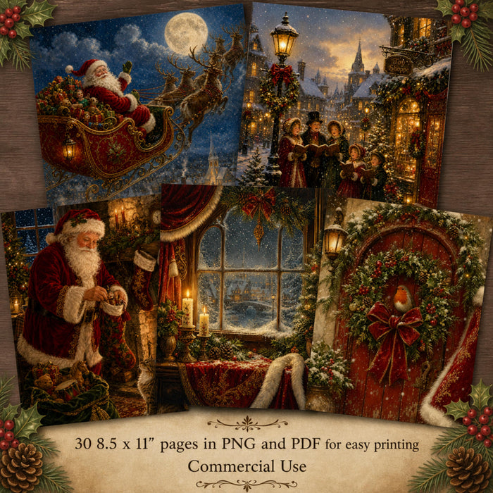 Old World Christmas Printable Pages, 30 Vintage Santa Junk Journal Papers, PNG PDF