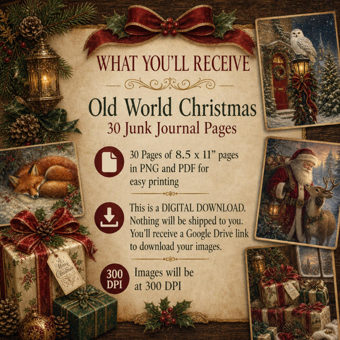 Old World Christmas Printable Pages, 30 Vintage Santa Junk Journal Papers, PNG PDF