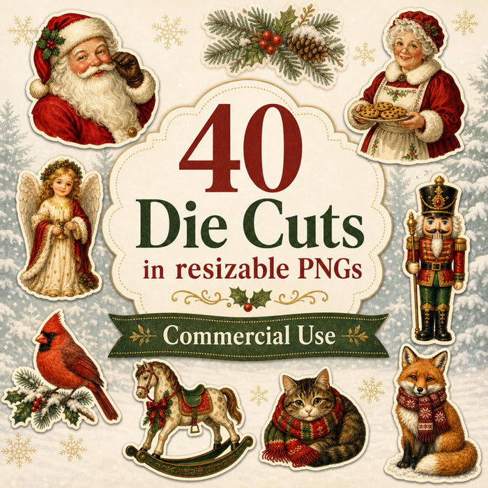 Old World Christmas Die Cut Clipart, 44 Vintage Santa Fussy Cut PNG Bundle