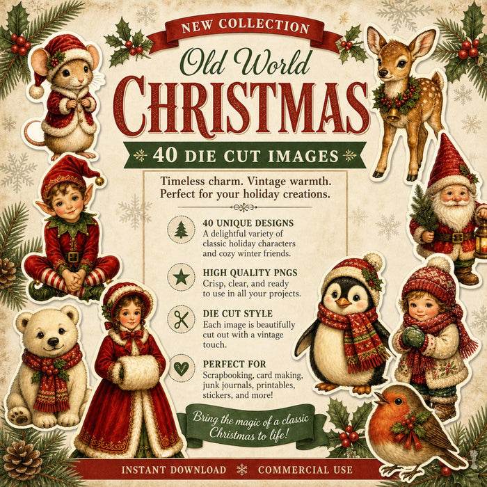Old World Christmas Die Cut Clipart, 44 Vintage Santa Fussy Cut PNG Bundle
