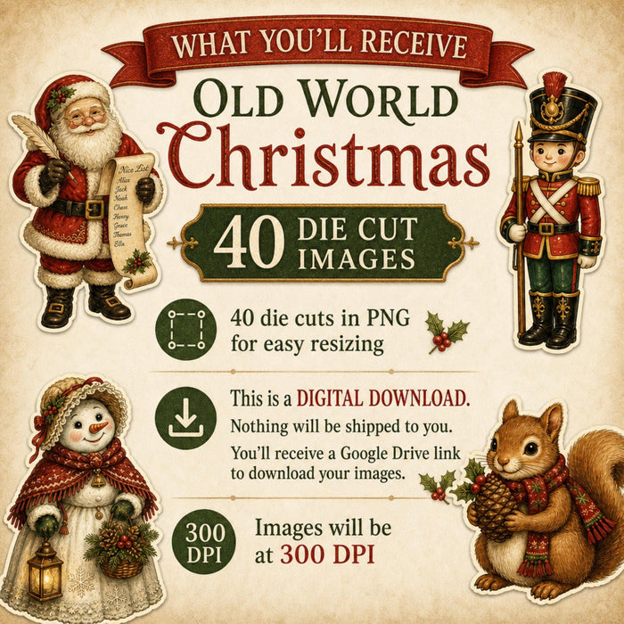 Old World Christmas Die Cut Clipart, 44 Vintage Santa Fussy Cut PNG Bundle