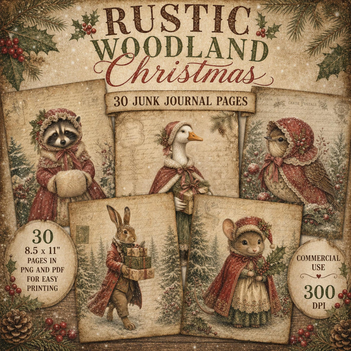 Rustic Woodland Christmas Printable Pages, 30 Vintage Animal Junk Journal Papers, PNG PDF