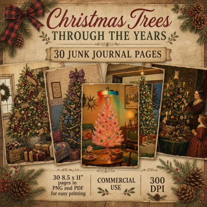 Christmas Trees Through the Years Printable Pages, 30 Vintage Junk Journal Papers, PNG PDF