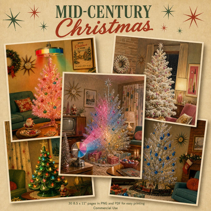 Christmas Trees Through the Years Printable Pages, 30 Vintage Junk Journal Papers, PNG PDF