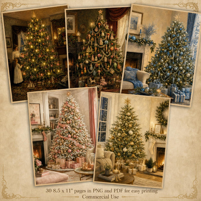 Christmas Trees Through the Years Printable Pages, 30 Vintage Junk Journal Papers, PNG PDF
