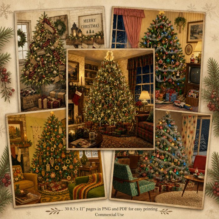 Christmas Trees Through the Years Printable Pages, 30 Vintage Junk Journal Papers, PNG PDF