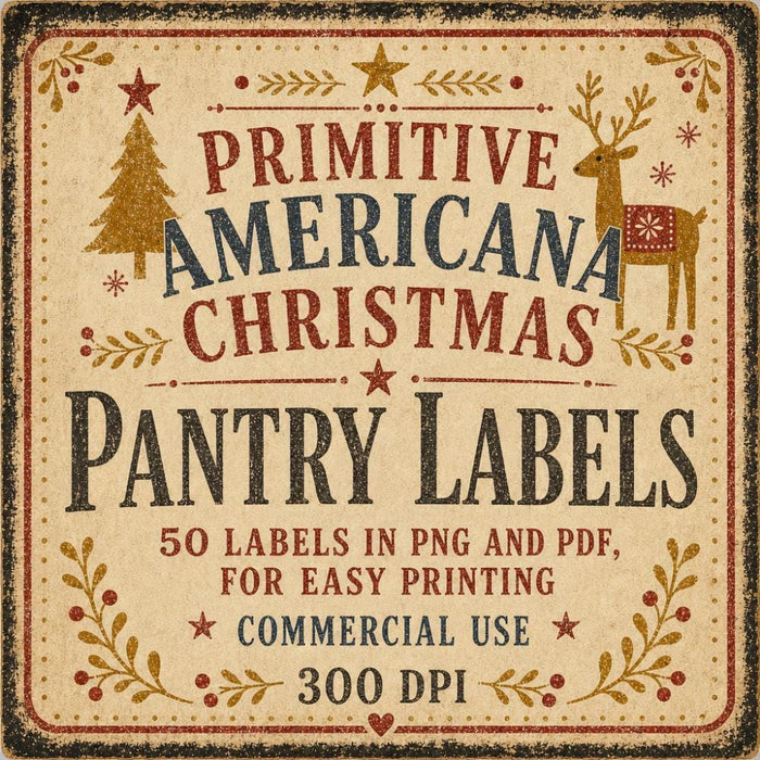 Primitive Americana Christmas Pantry Labels, Printable Can Wrap Labels, Folk Art Farmhouse