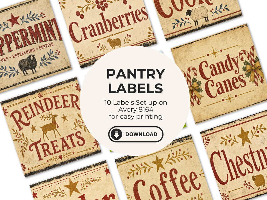 Primitive Americana Christmas Pantry Labels, Printable Can Wrap Labels, Folk Art Farmhouse