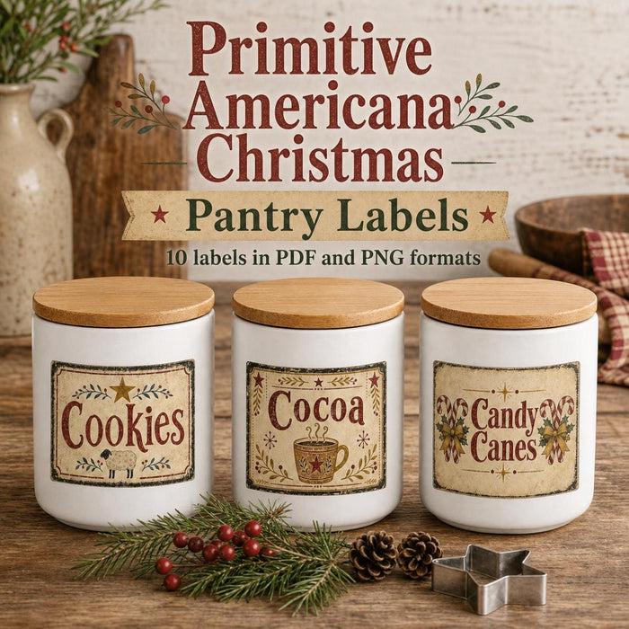 Primitive Americana Christmas Pantry Labels, Printable Can Wrap Labels, Folk Art Farmhouse