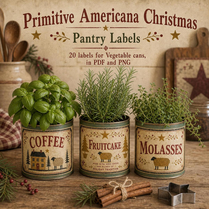 Primitive Americana Christmas Pantry Labels, Printable Can Wrap Labels, Folk Art Farmhouse