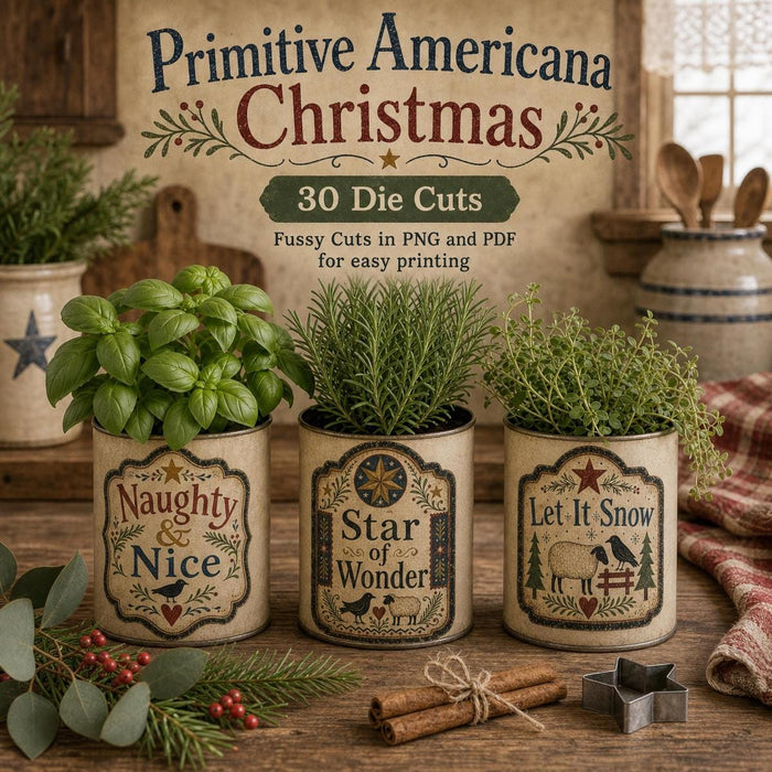 Primitive Americana Christmas Die Cuts, Folk Art Clipart Bundle