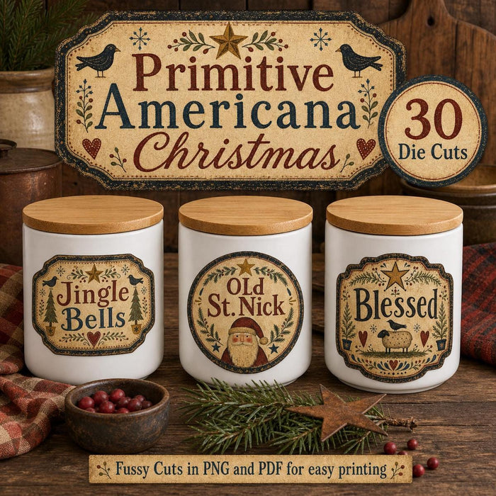 Primitive Americana Christmas Die Cuts, Folk Art Clipart Bundle
