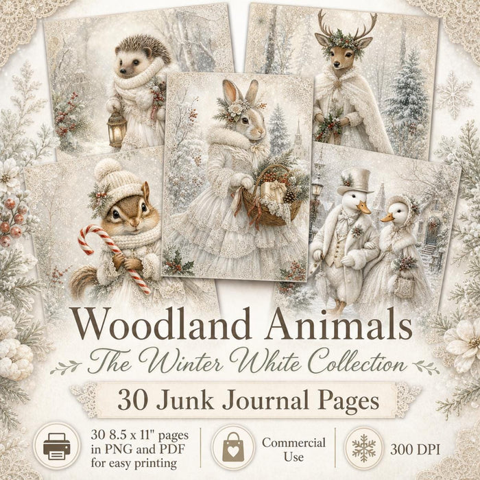 Winter White Woodland Christmas Printable Pages, 30 Vintage Animal Junk Journal Papers, PNG PDF