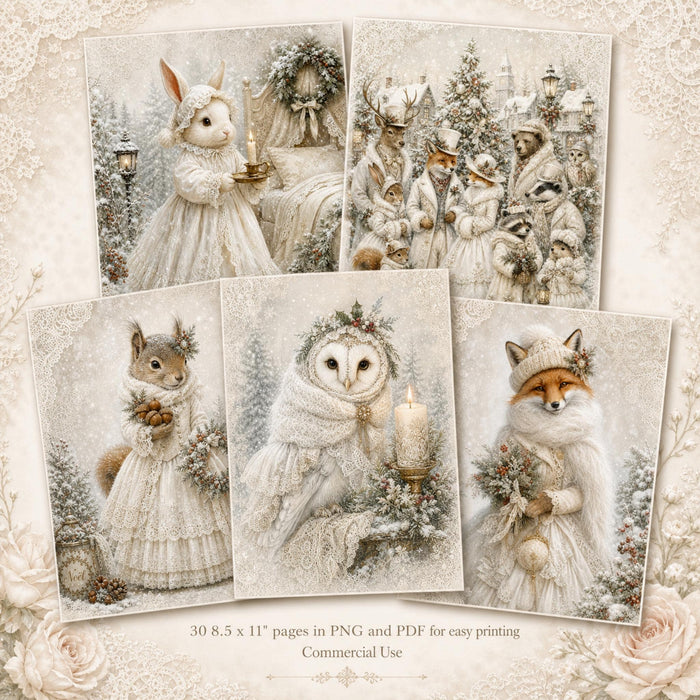 Winter White Woodland Christmas Printable Pages, 30 Vintage Animal Junk Journal Papers, PNG PDF