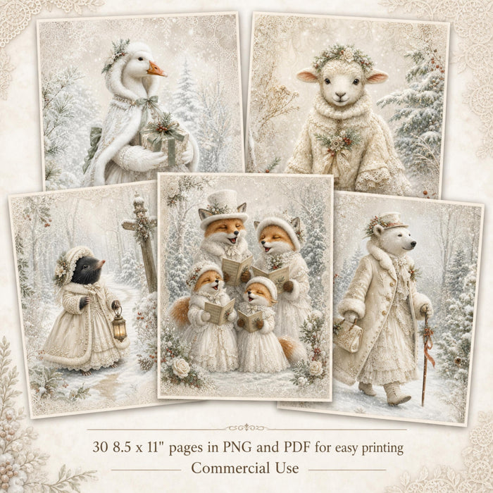 Winter White Woodland Christmas Printable Pages, 30 Vintage Animal Junk Journal Papers, PNG PDF