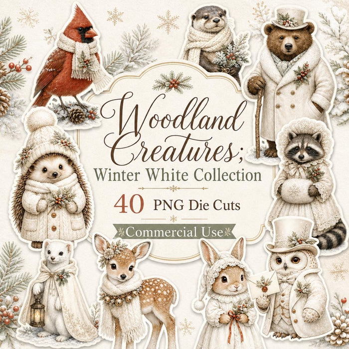 Winter White Woodland Die Cut Clipart, 40 Vintage Animal PNG, Fussy Cut Junk Journal